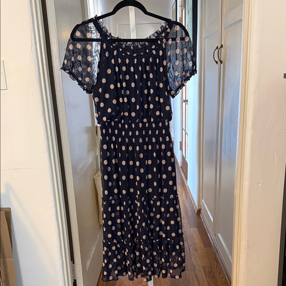 Kate And Lily Dresses & Skirts - Kate And Lily Navy Polka Dot Midi Dress with Sheer Short Sleeves 6P